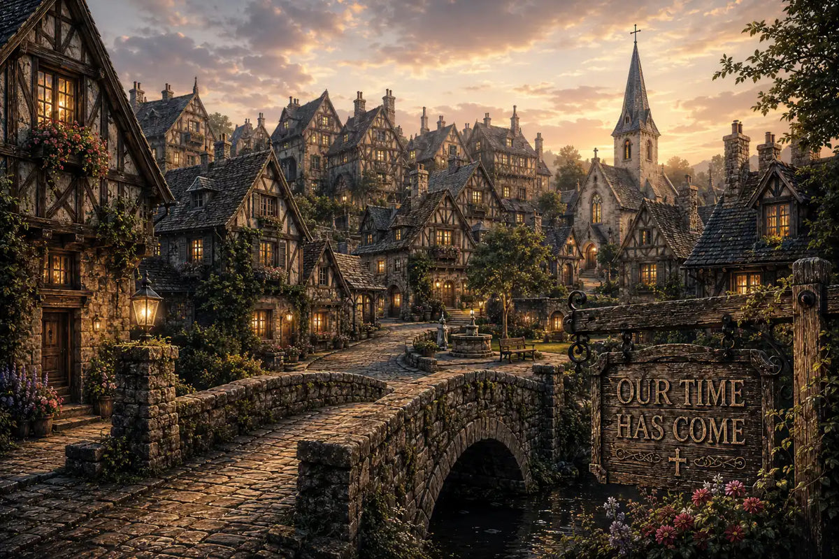 The Bridge Home — a stone bridge through a village at dusk