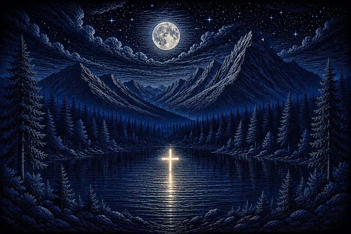 Moonlit Reflection of Faith — a glowing cross reflected in a mountain lake